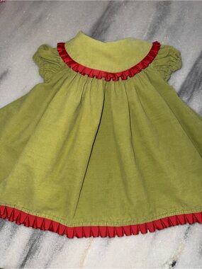 Vintage Chabre Green Baby Girl Christmas Dress with Red Trim 100% Cotton Size 3m